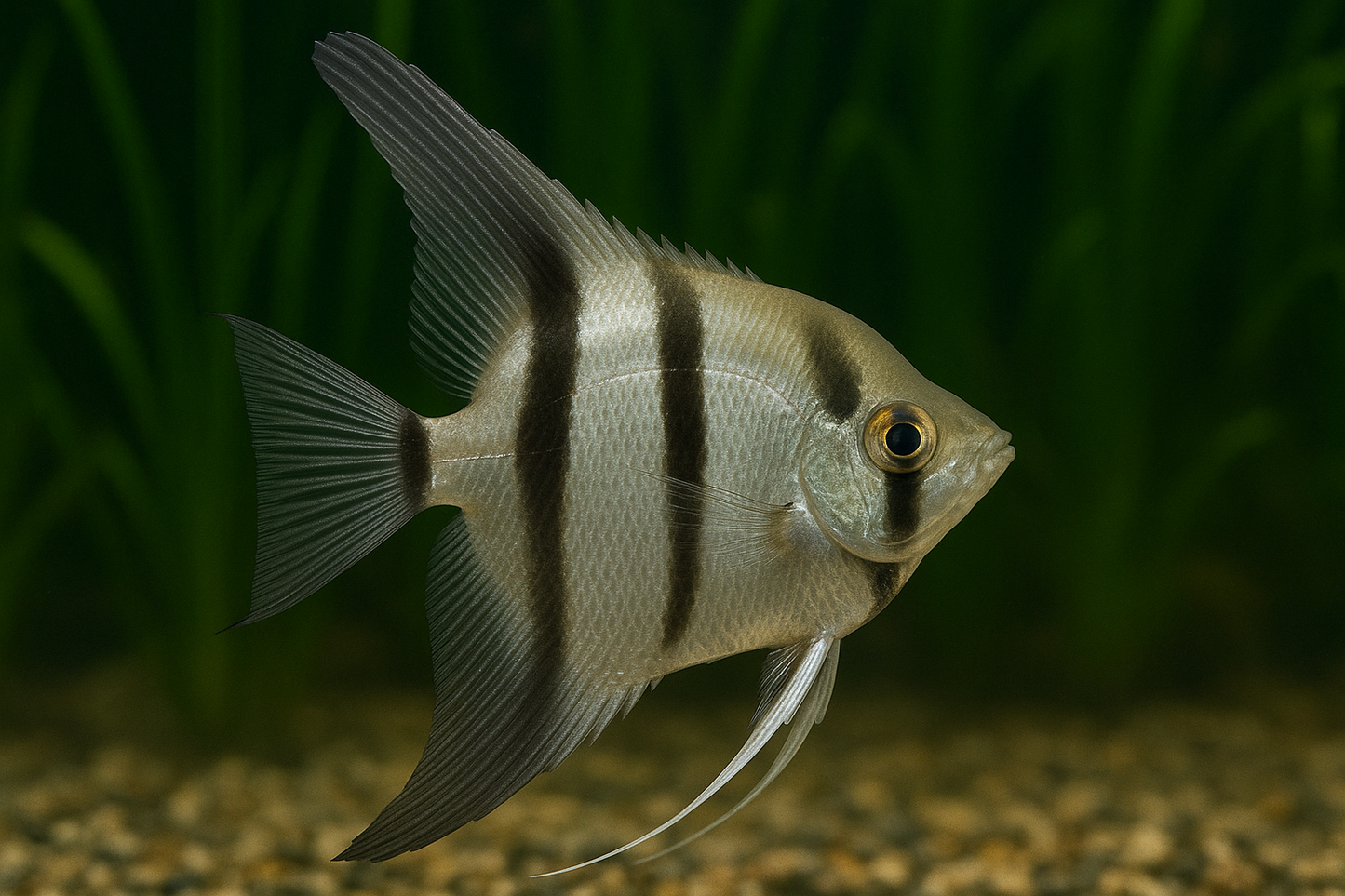 Silver Angelfish - Striped Freshwater Pterophyllum scalare (Hardy Community Cichlid)